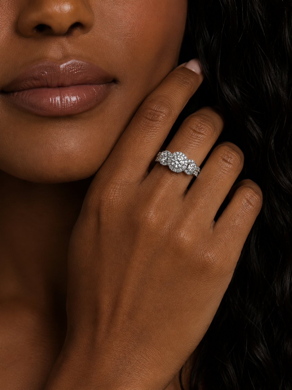 3 Stone 3 Halo Bridal ring 14K White Gold
