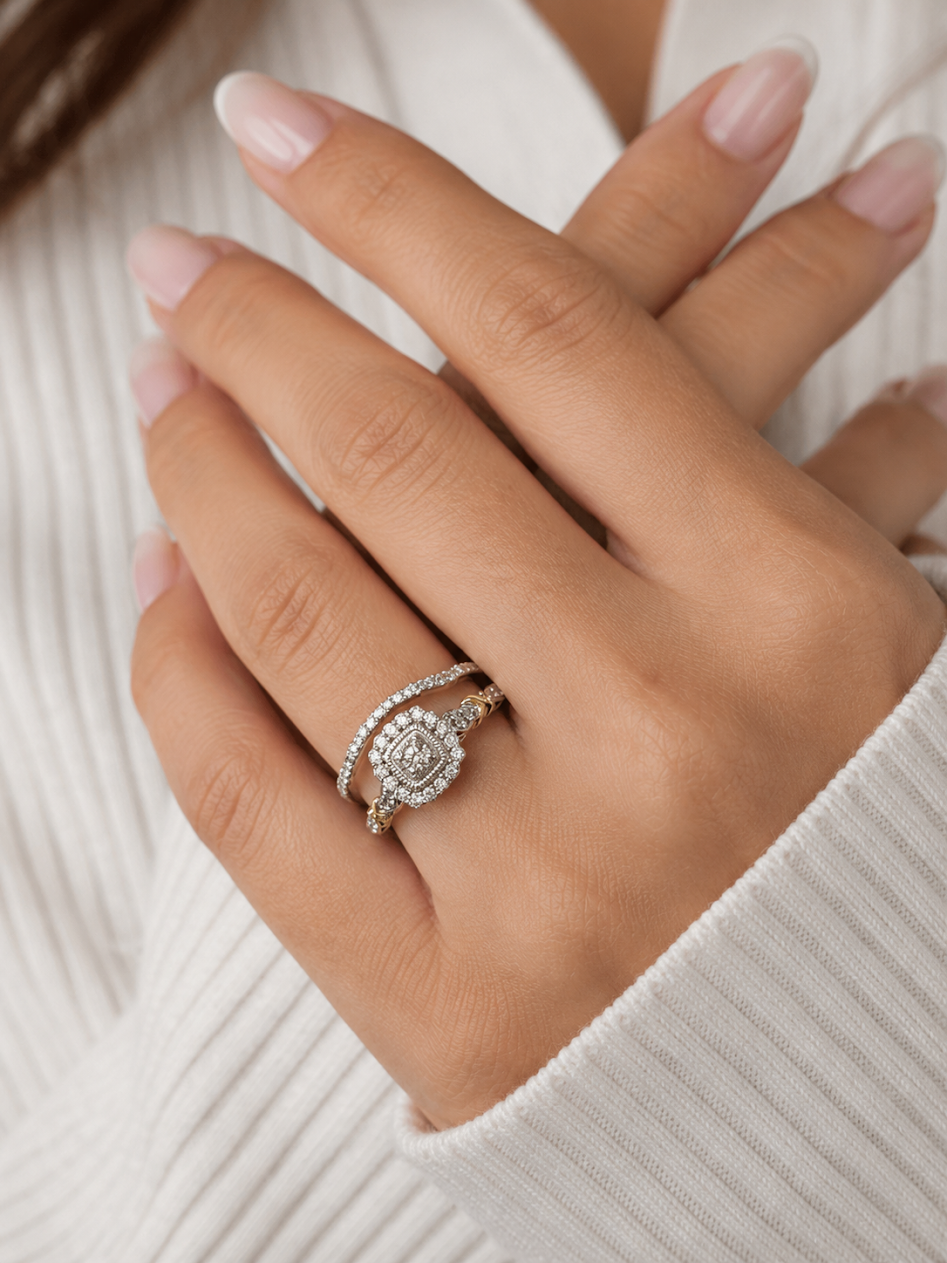 Tiara Set Halo Natural Diamond 14k White & Yellow Gold