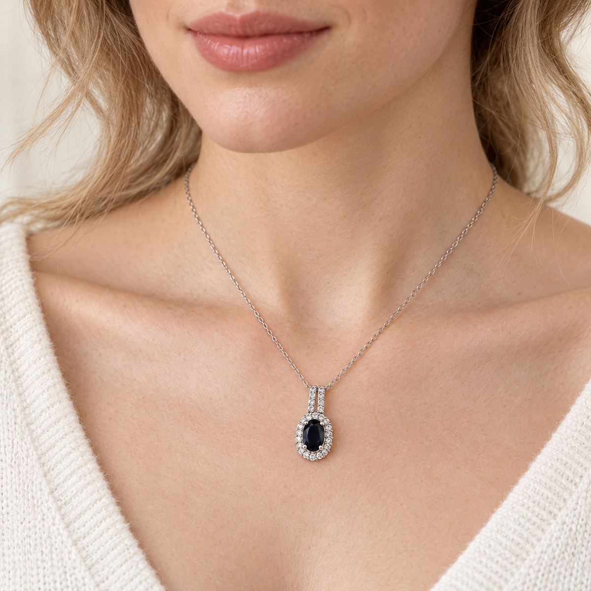 Large Oval Sapphire with Diamond Halo Pendant