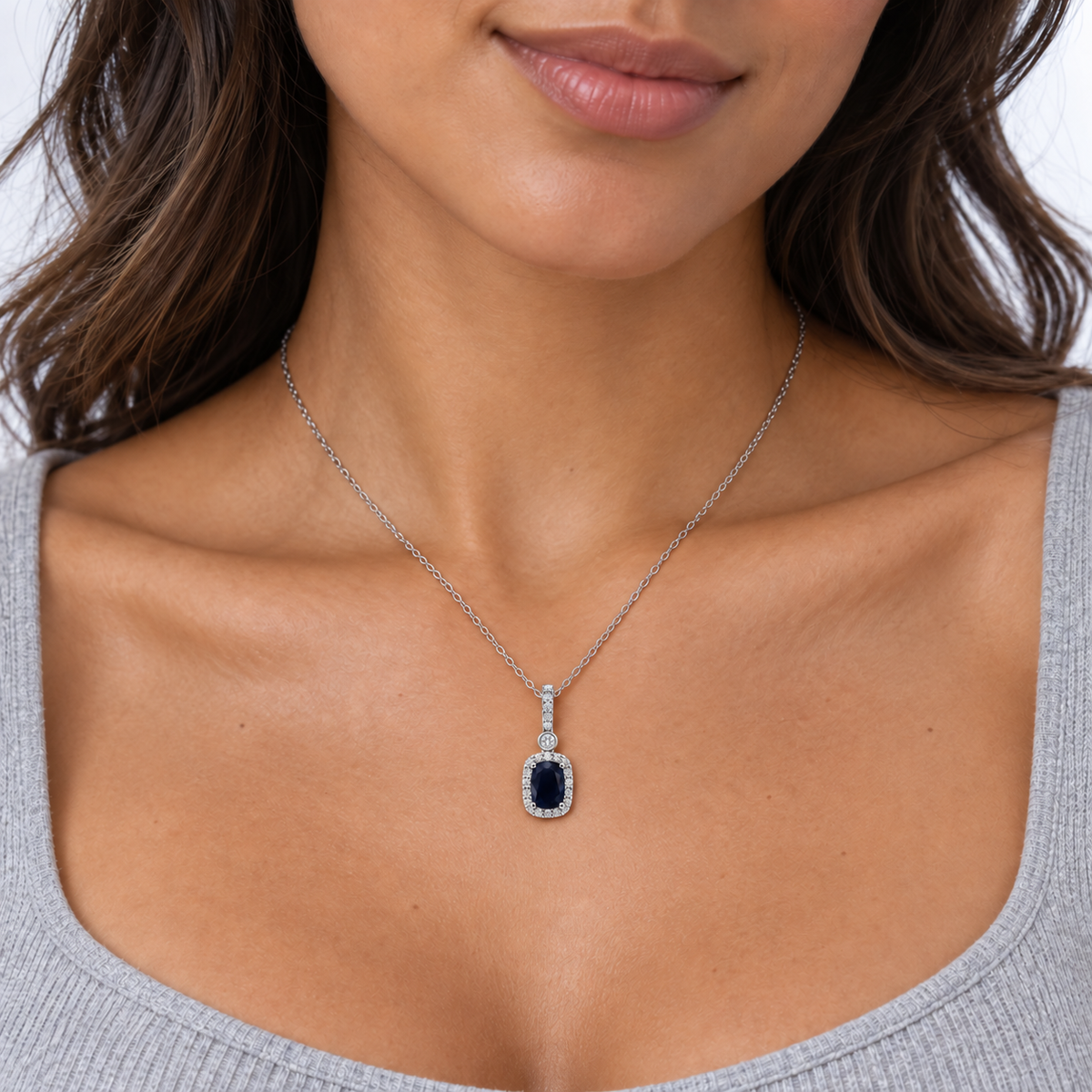 Elongated Cushion Sapphire Pendant with Chain