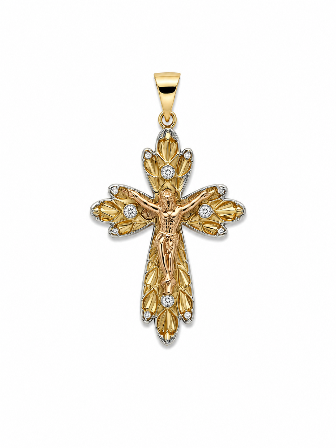 Tri-Color Gold CZ Heart Accent Crucifix Pendant