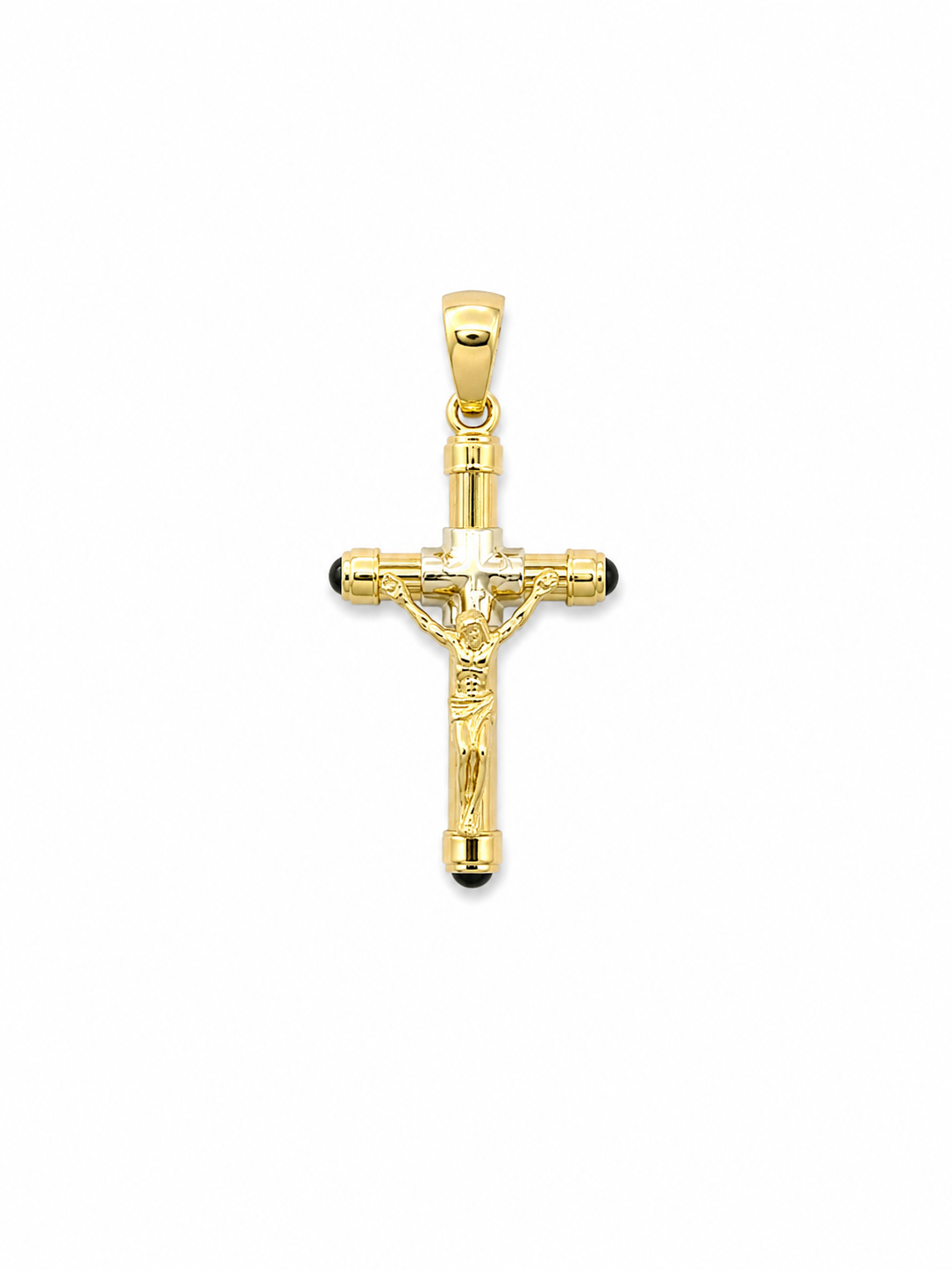 14K Yellow Gold Tubular Crucifix with Black Onyx Accents
