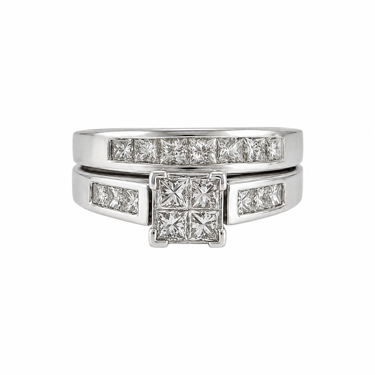 Princess Cut Channel-Set Cluster Bridal Ring Set