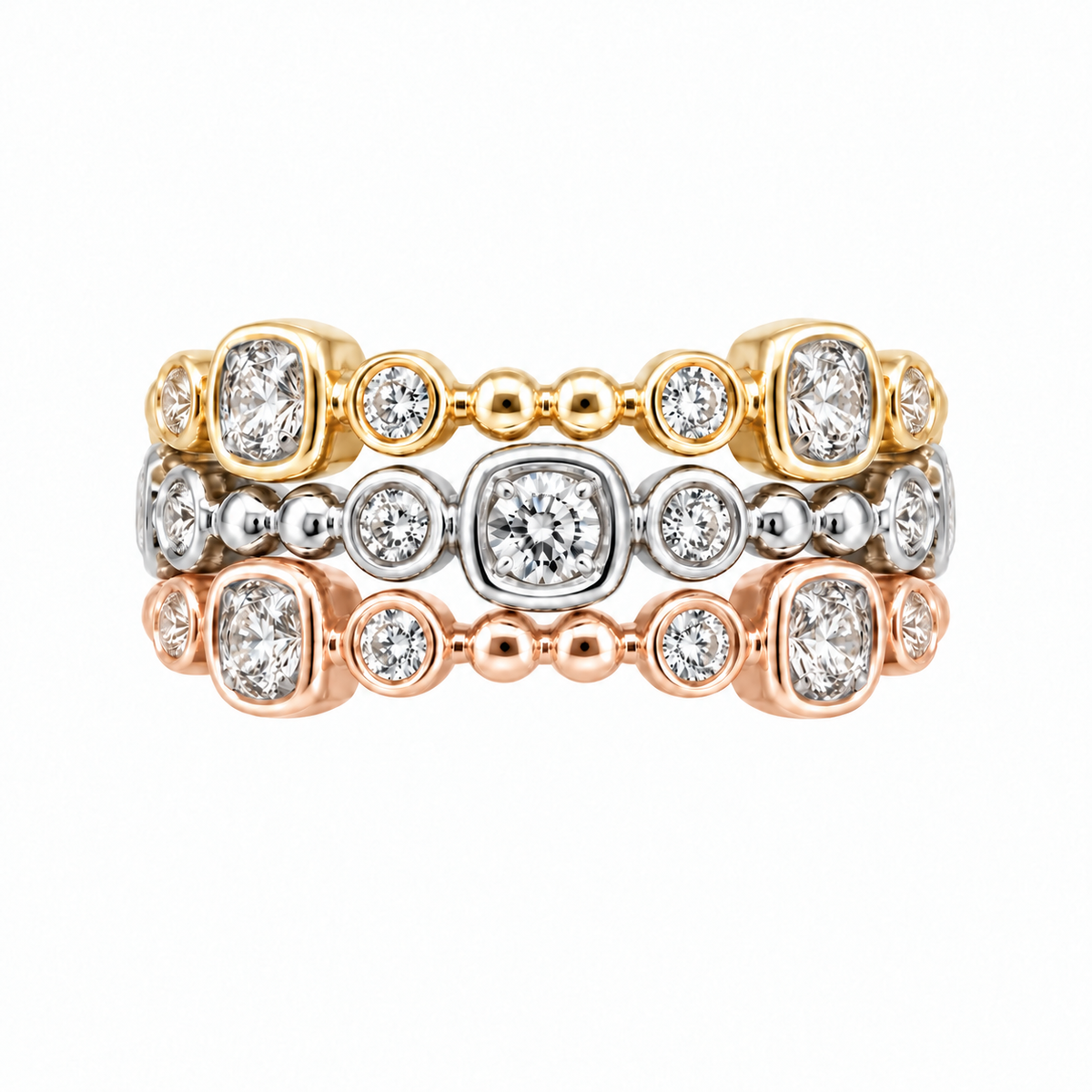 Tri-Color 3 Row Bezel Diamond Ring