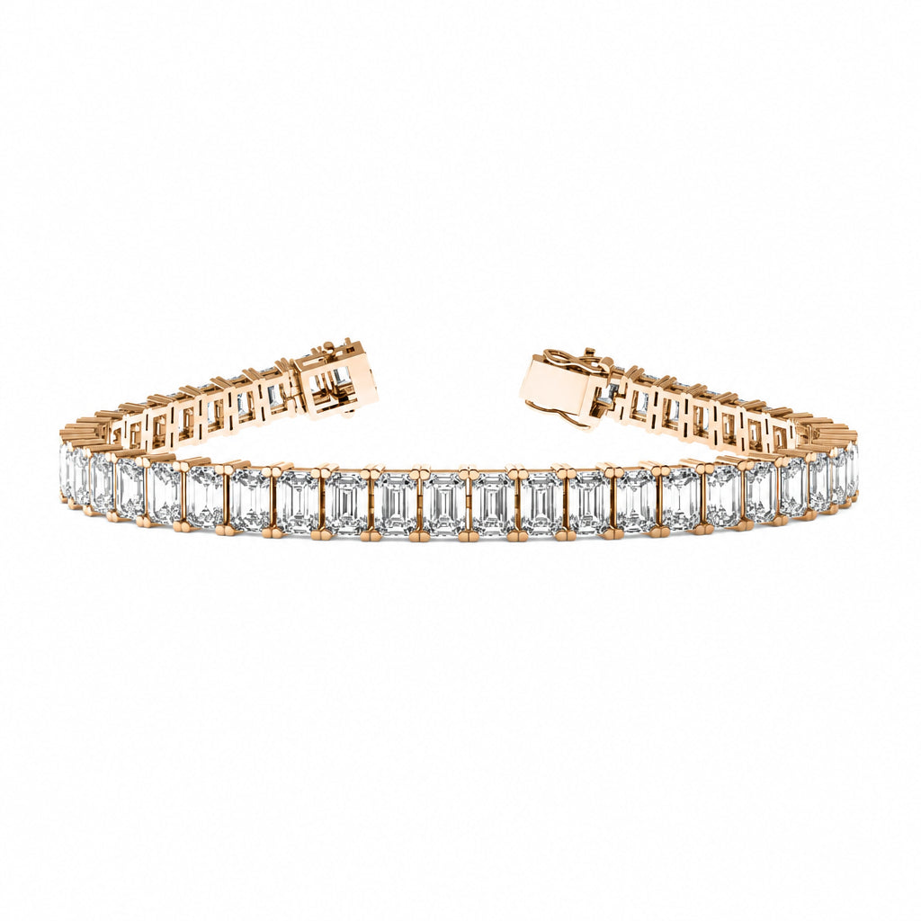 Rose gold bracelet with emerald-cut diamonds on a white background