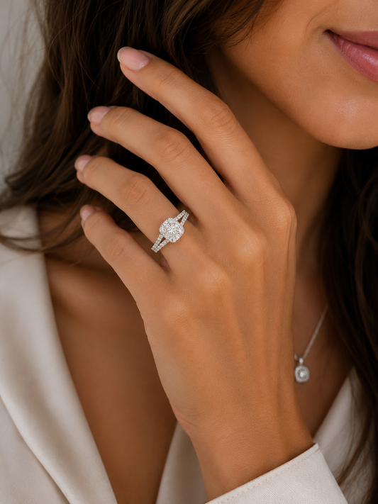 14k White Gold Natural Diamond Split Shank Halo Engagement Ring