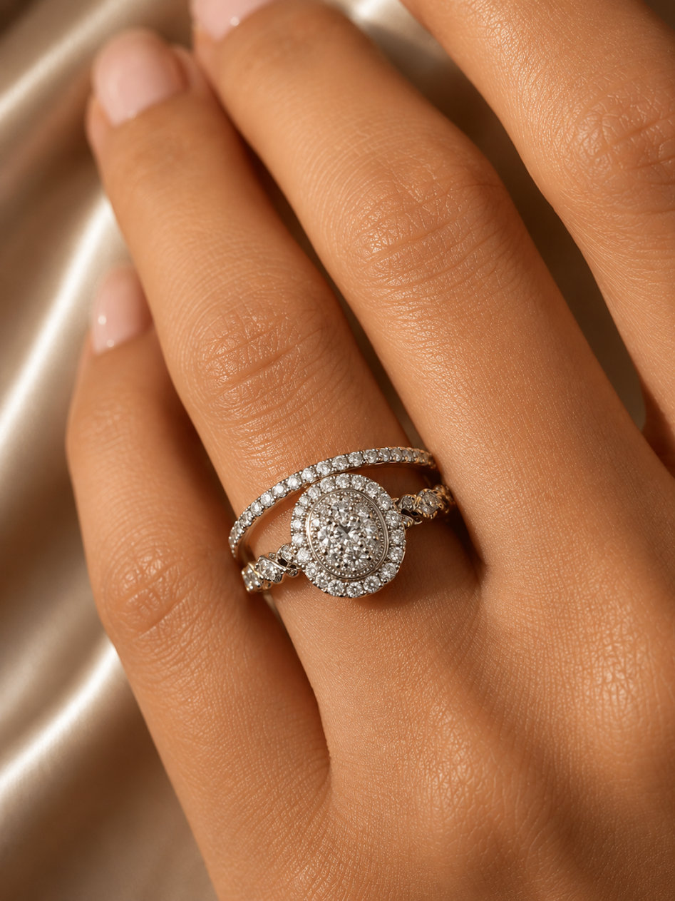 Elegant Oval Twist Halo Bridal Set 14K White Gold