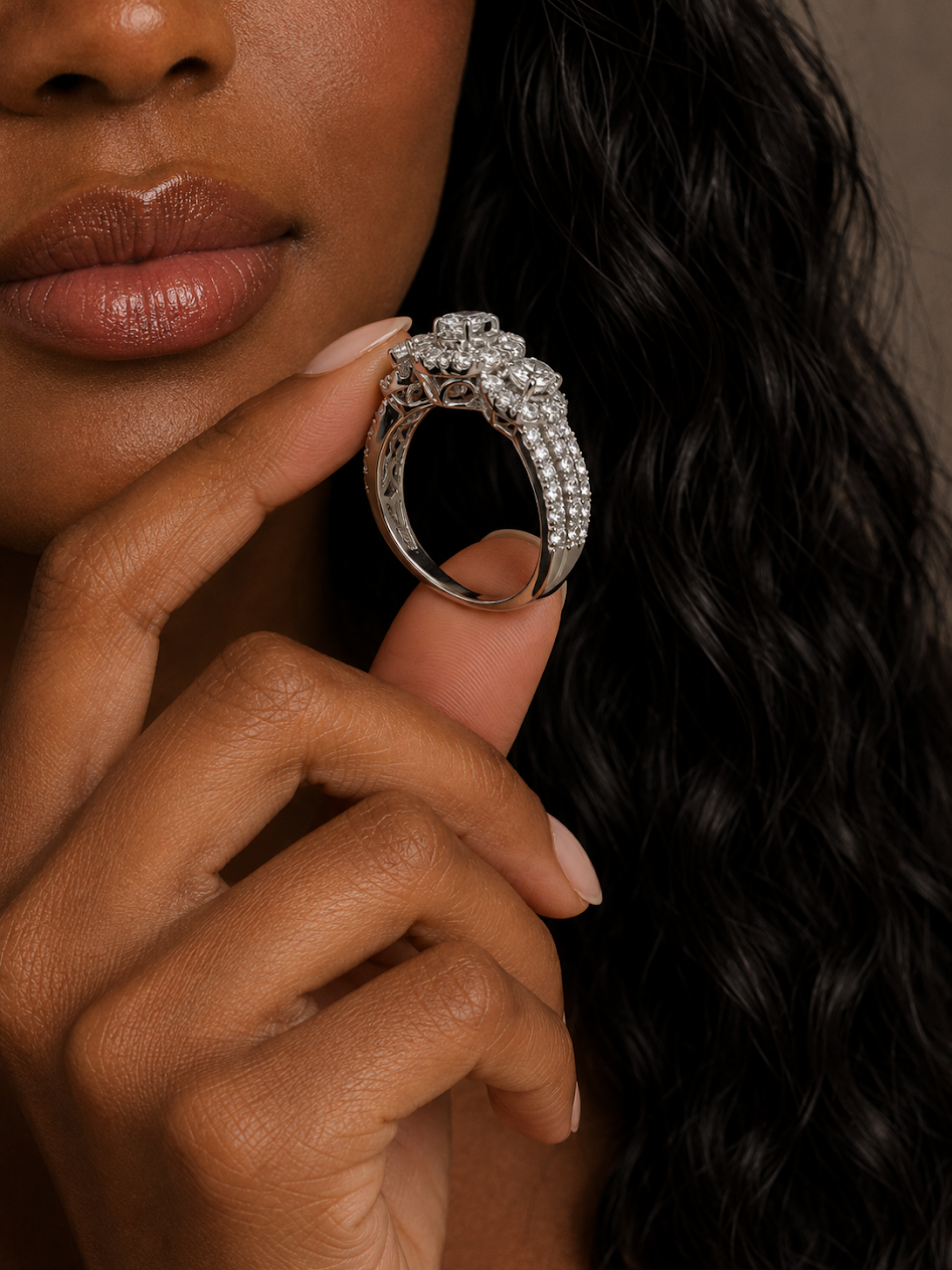 3 Stone 3 Halo Bridal ring 14K White Gold