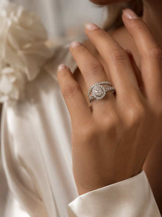 Elegant Oval Twist Halo Bridal Set 14K White Gold