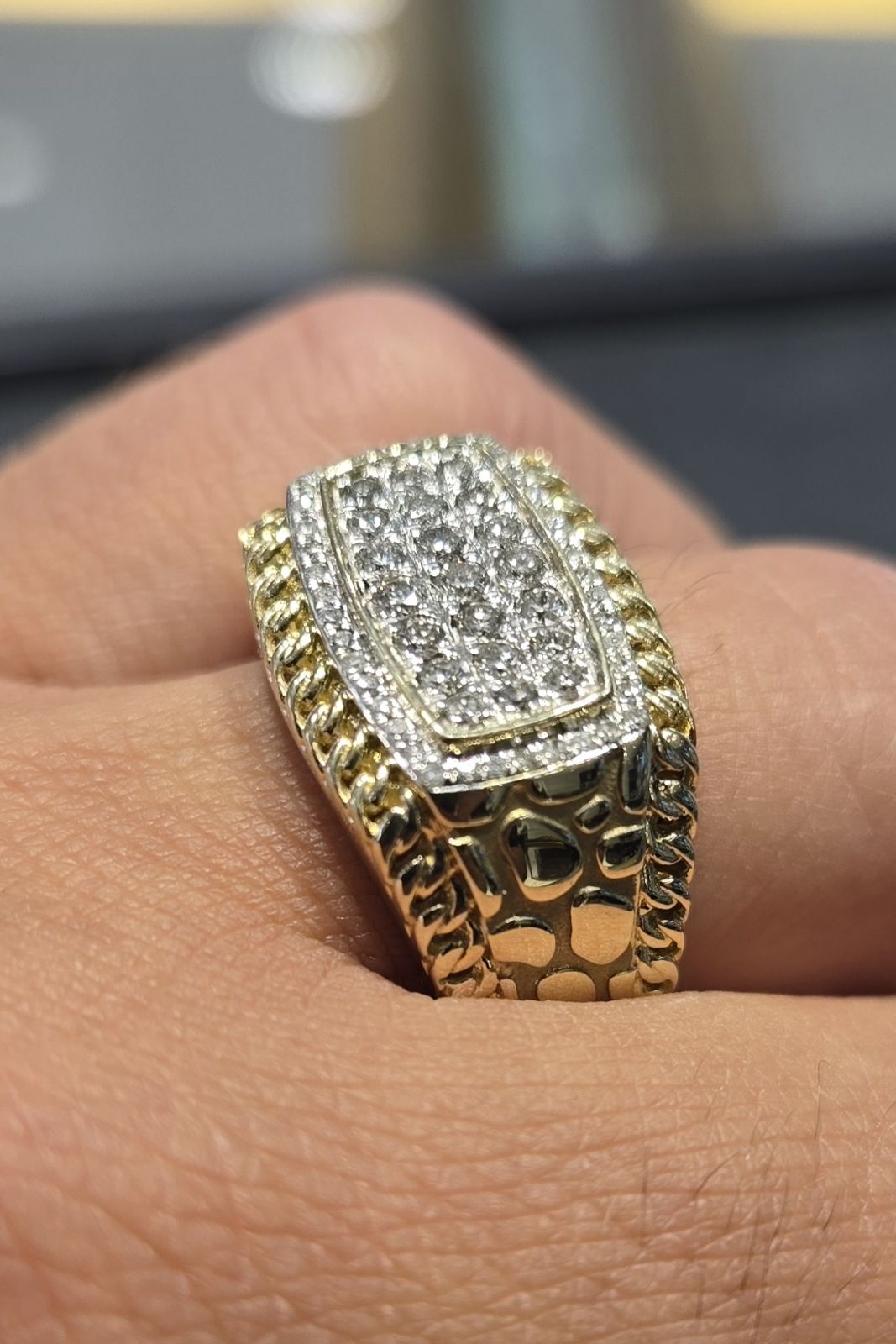 Mens 3D Diamond Nugget Style Gold Ring