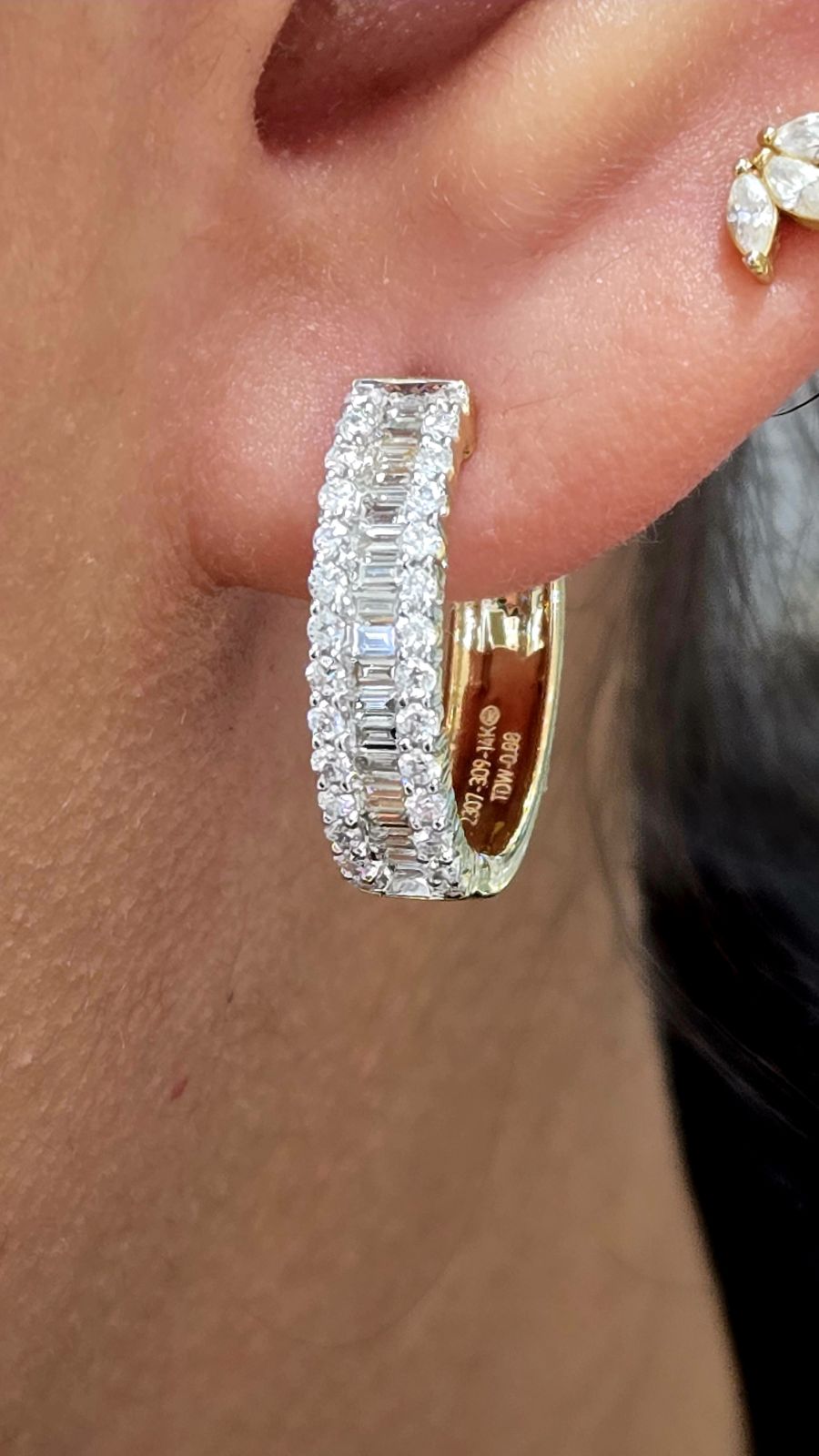 Emerald & Round Diamond Hoops 14K yellow Gold