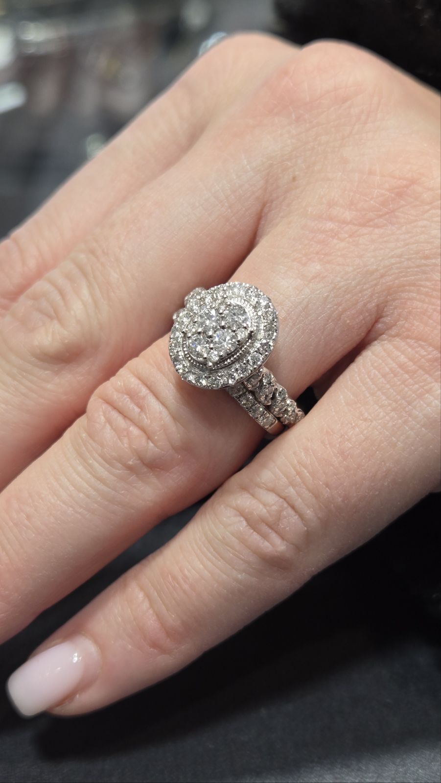 Round Cluster Oval Shape Halo Braid Design Bridal Set