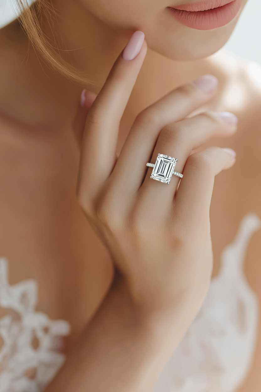 Emerald Cut 3D Pave Set Diamond Ring