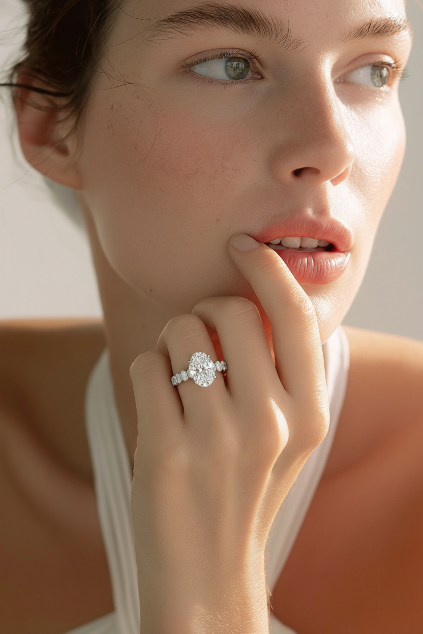 Close-up of a woman's hand wearing a diamond ring with a soft background