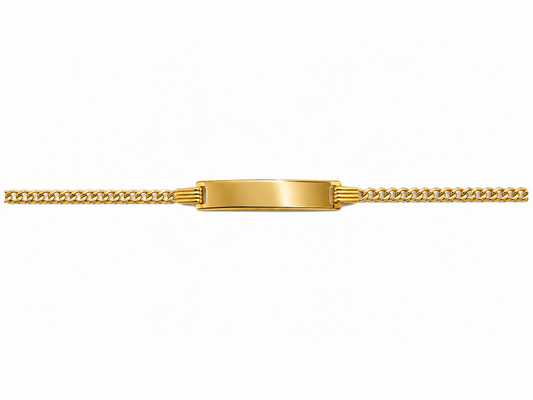 A gold ID bracelet featuring a smooth, polished rectangular nameplate in the center, flanked by textured gold bars, suspended on a classic curb chain against a plain white background.