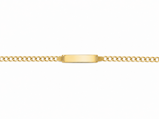 A gold chain necklace with a rectangular engraved nameplate clasp, shown horizontally against a plain white background.