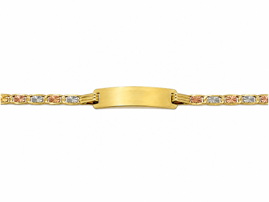 A yellow gold ID bracelet featuring a central blank oval plate and side links decorated shown against a plain white background.