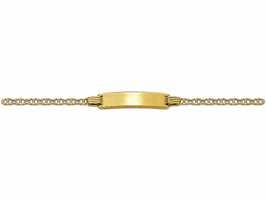A yellow gold ID bracelet with a flat rectangular nameplate and a delicate chain, shown against a plain white background.