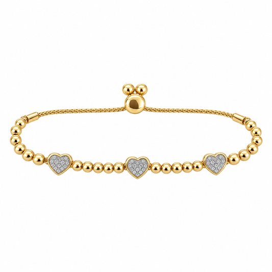 Gold Plated Diamond 3 Heart Bolo Bracelet