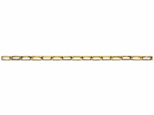 A straight gold-colored metal chain with elongated oval links, shown horizontally against a plain white background.