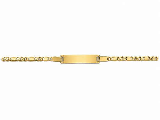 A yellow gold ID bracelet with a flat rectangular nameplate clasp and matching curb links, shown against a plain white background.