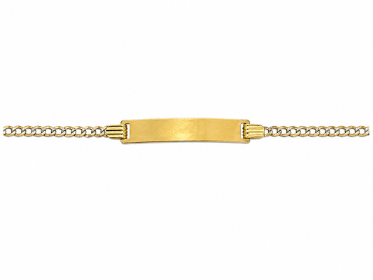 A gold ID bracelet featuring a flat rectangular plate in the center, connected to a gold curb chain on both ends, shown against a plain white background.