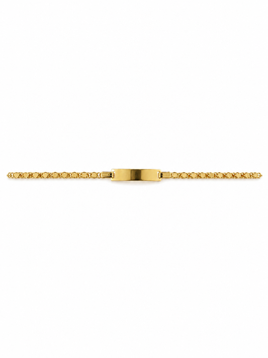 A gold-plated ID bracelet with a classic box chain and a polished rectangular ID plate clasp, shown horizontally against a plain white background.