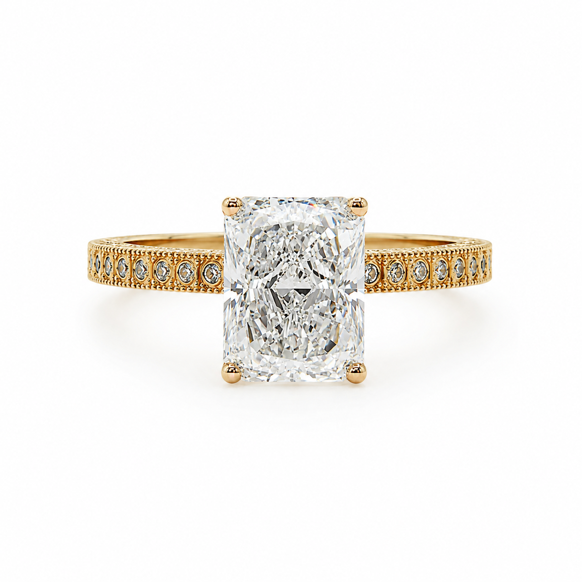 A yellow gold ring featuring a large rectangular radiant-cut diamond center stone and a pavé-set diamond band, shown on a clean white background.