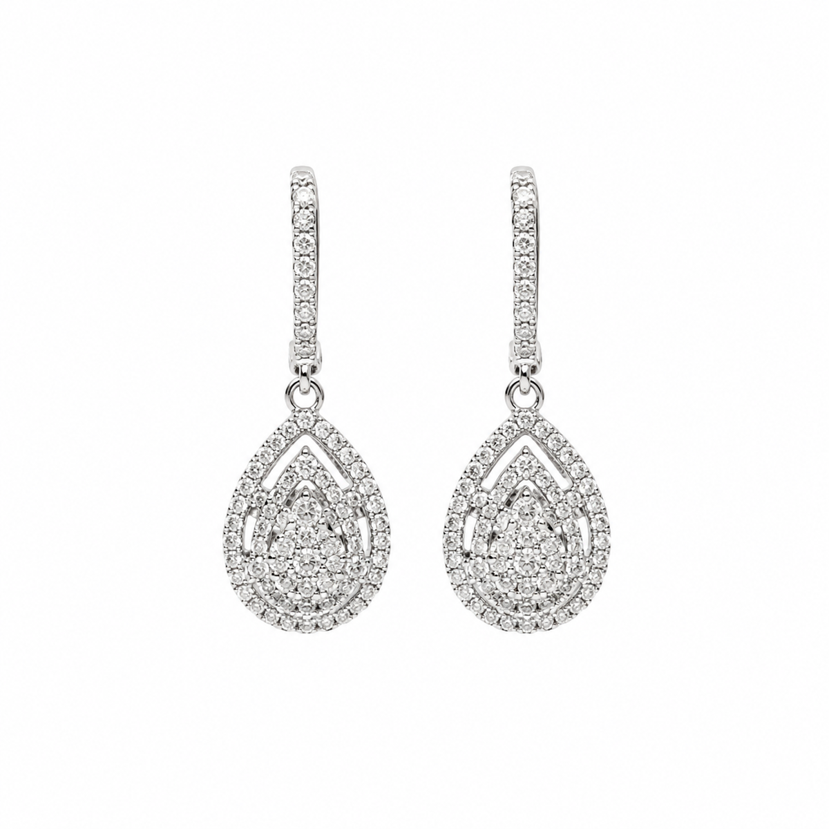 A pair of silver-tone teardrop dangle earrings paved with small clear stones, shown against a plain white background.