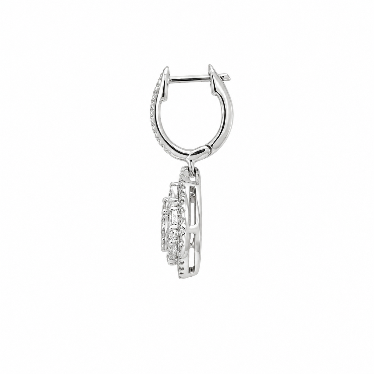 A silver tear drop hoop earring with a dangling tiered cluster of small pavé-set clear stones, shown against a plain white background.