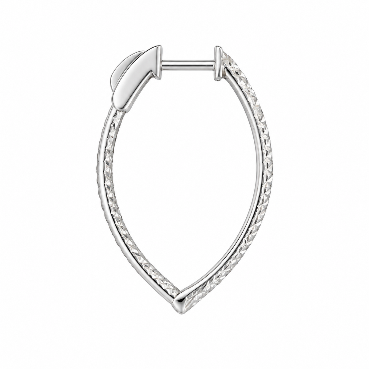 A silver teardrop-shaped hoop earring with a textured outer edge and a smooth inner band, shown on a plain white background.