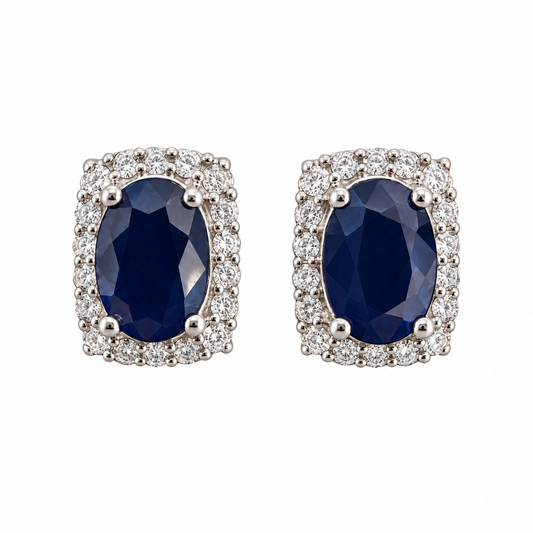 Diamond Halo Sapphire Stud Earrings