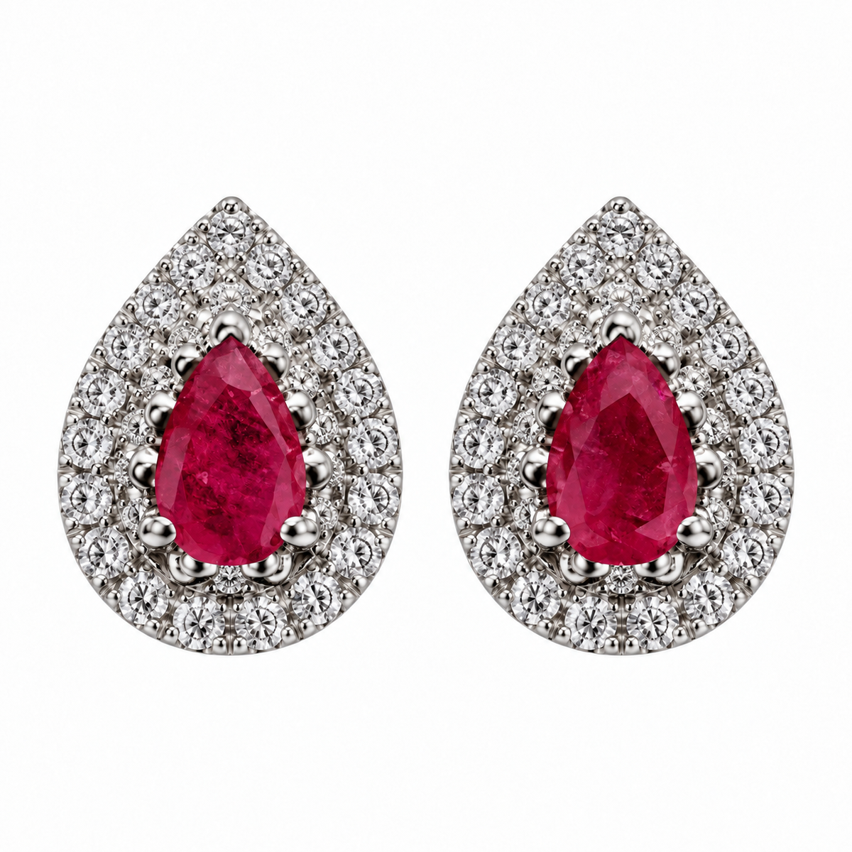 Pear Emerald/Ruby Diamond Halo Stud Earrings