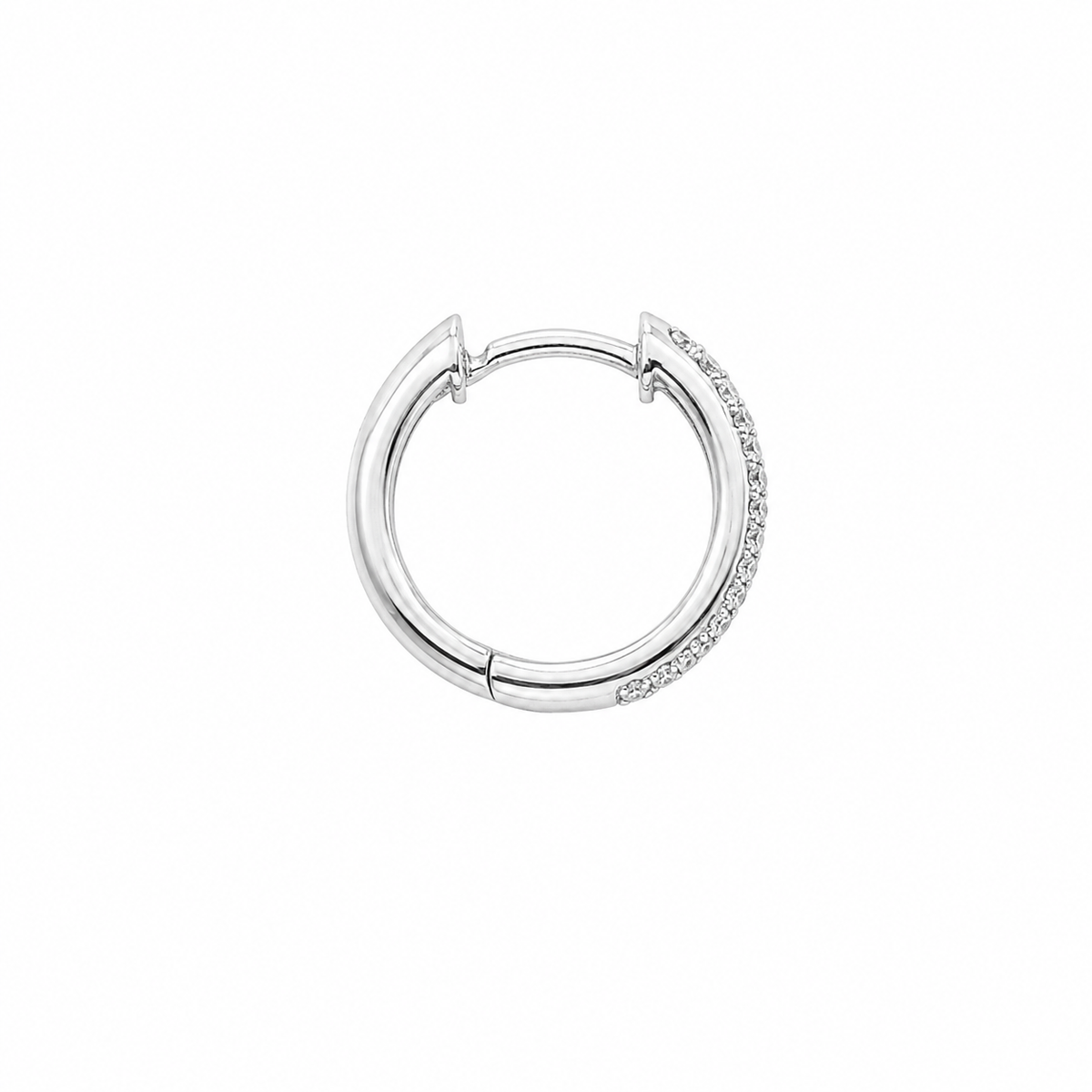 A silver hoop earring with a row of small clear stones along one side, shown on a plain white background.