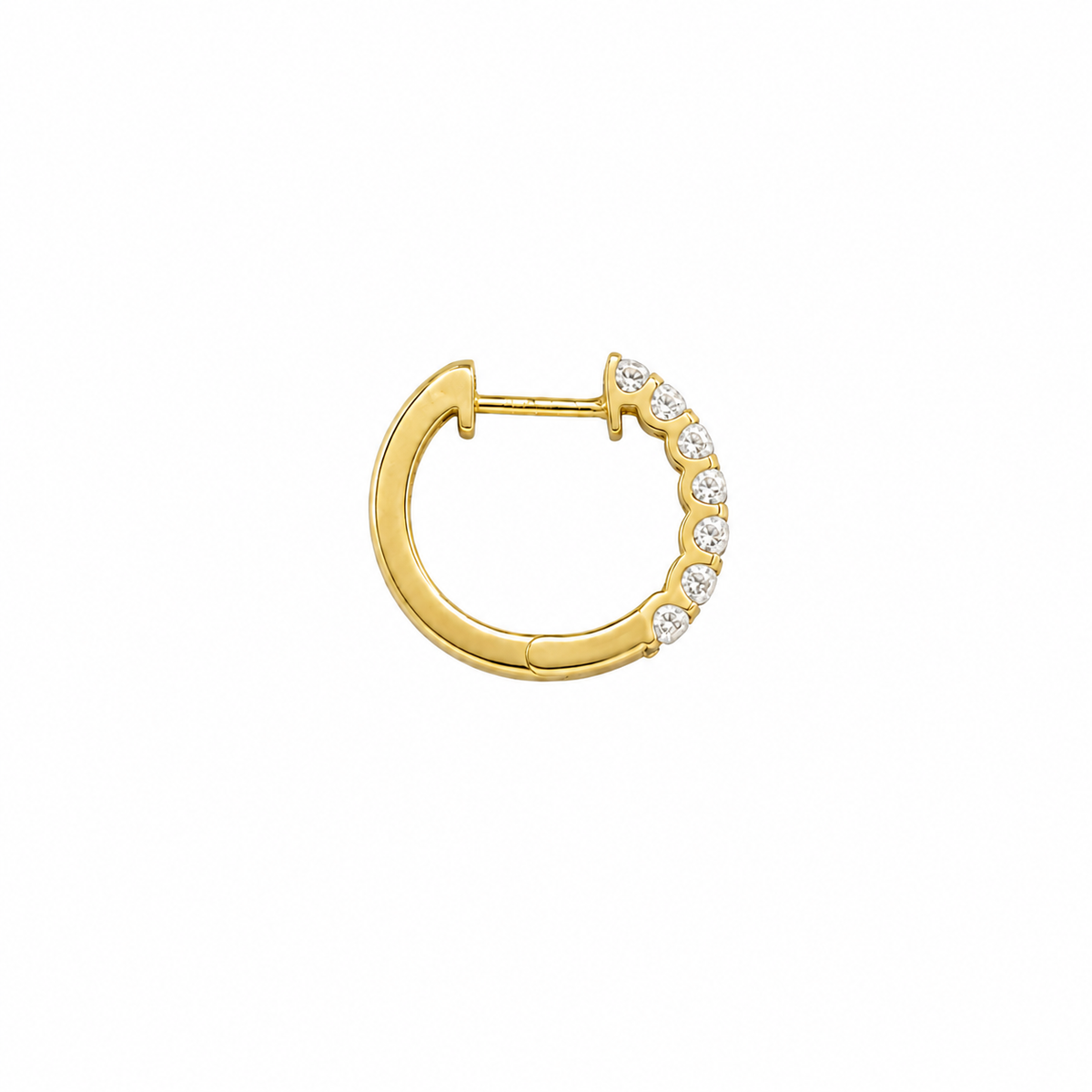 A small gold hoop earring with a row of clear stones along the front curve, shown on a plain white background.