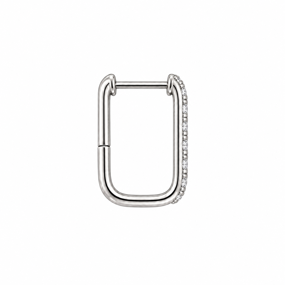A silver-toned geometric hoop earring with a small row of clear stones along one side, shown on a plain white background.