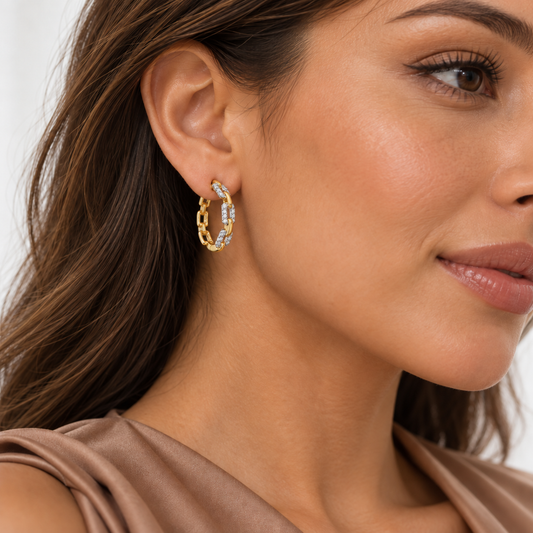 Two-Tone Diamond Link Hoop Earrings