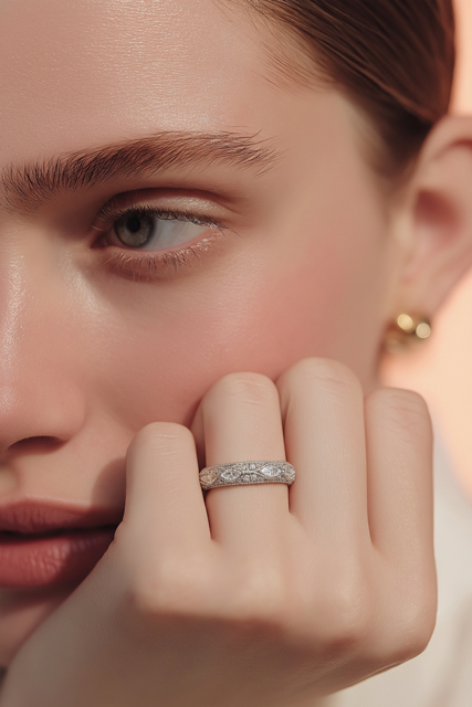 Close-up of a woman's face with a diamond ring on her finger, wearing a gold earring.
