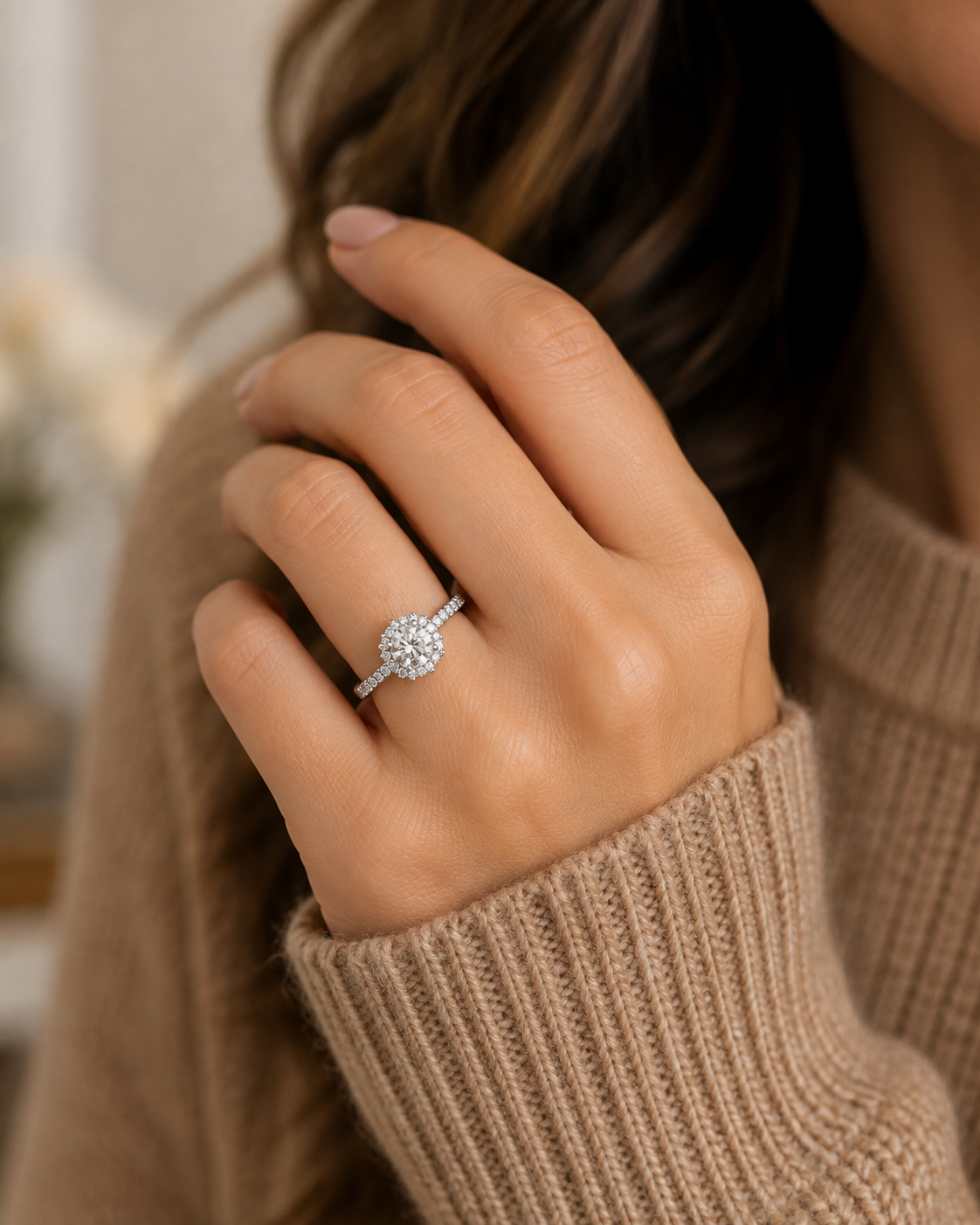 Lab Round Platinum Halo Engagement Ring
