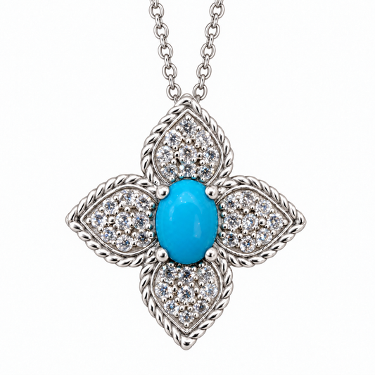 Diamond Flower Oval Turquoise Necklace