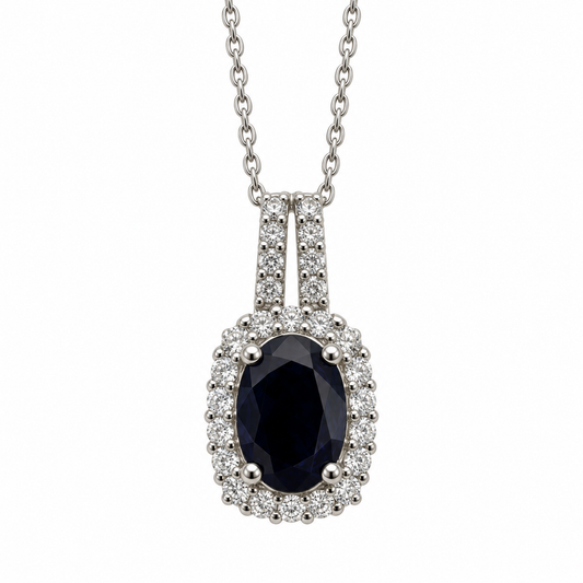 Large Oval Sapphire with Diamond Halo Pendant