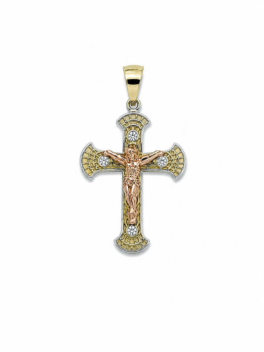 Tri-Color Gold Crucifix Pendant with Rose Gold Jesus & Gemstone Accents