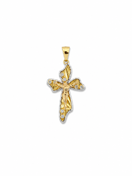 Tricolor Gold Curved Crucifix Pendant