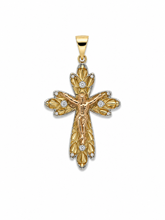 Tri-Color Gold CZ Heart Accent Crucifix Pendant