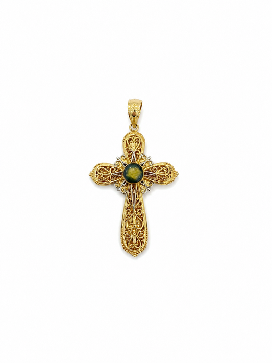 Yellow & White Gold Green Stone Cross Pendant