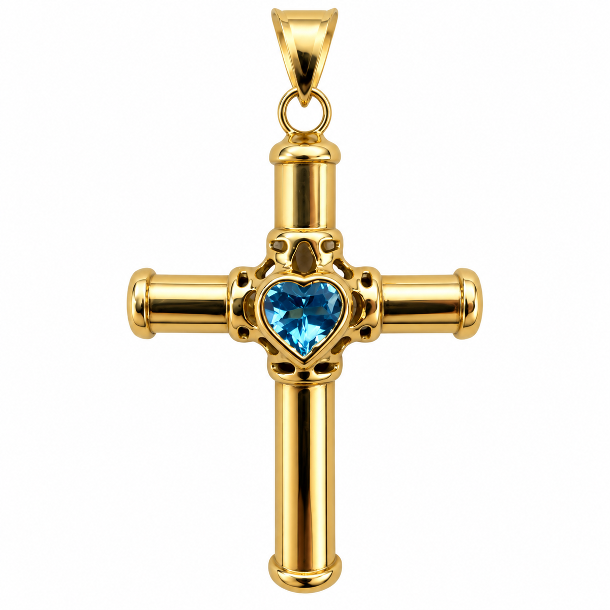 Tubular Cross with Blue Topaz Heart Pendant