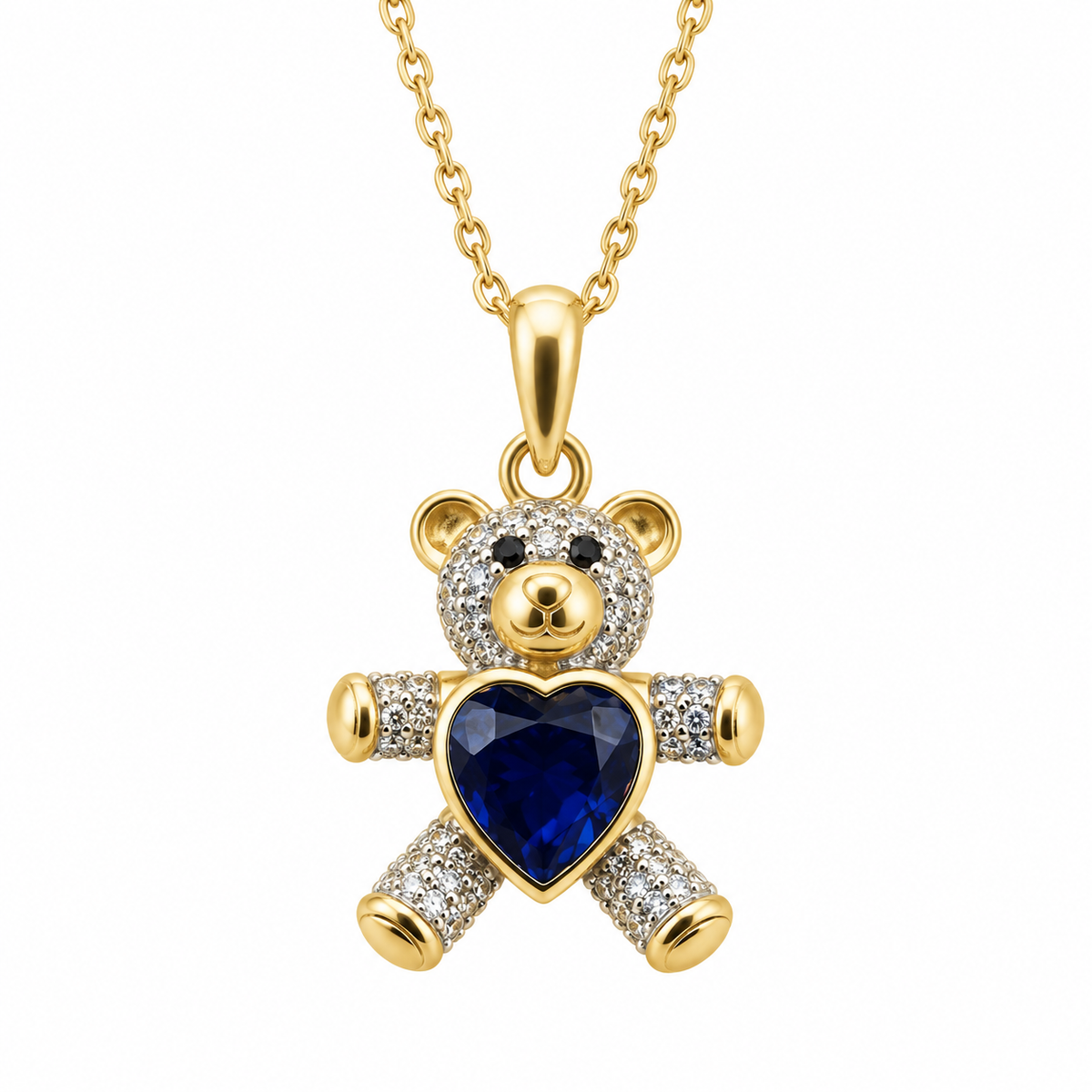 Sapphire Heart Bear Pendant with Chain