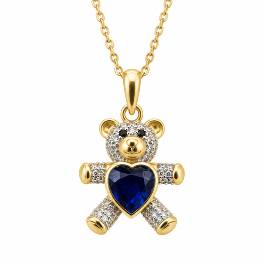 Sapphire Heart Bear Pendant with Chain