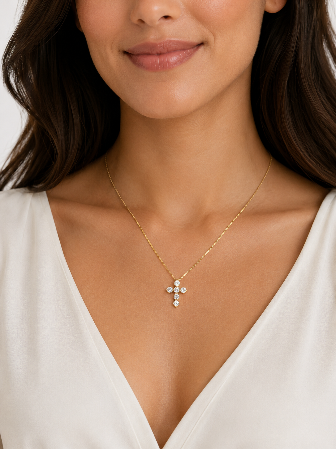 14K Yellow Gold Natural Diamond Cross Necklace