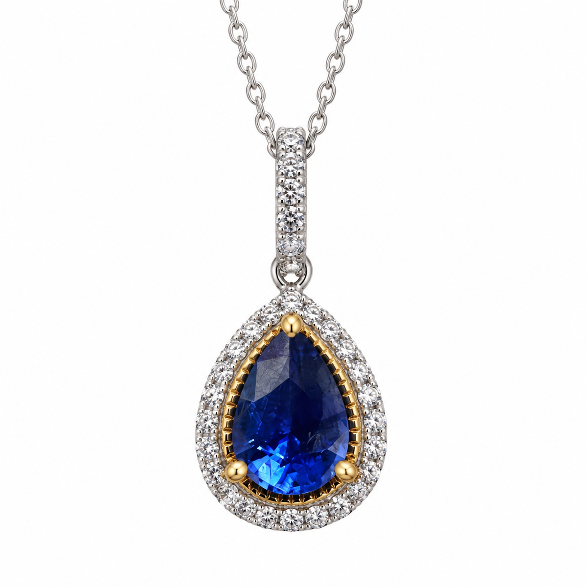 Pear Shaped Sapphire with Diamond Halo Pendant